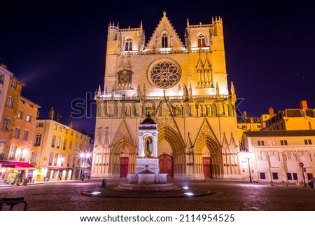 Exterior view of the St. John the Baptist Cathedral at the St. John Square or Place St. Jean in Lyon, France. Royalty-Free Stock Photo #2114954525