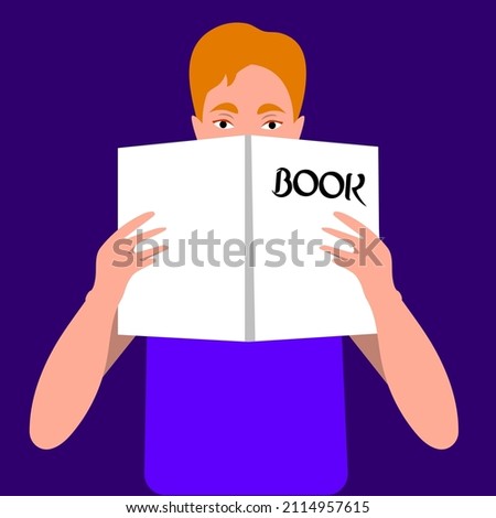 Asian man is reading a book. A guy with red hair is holding a book. Studies. Vector flat illustration.