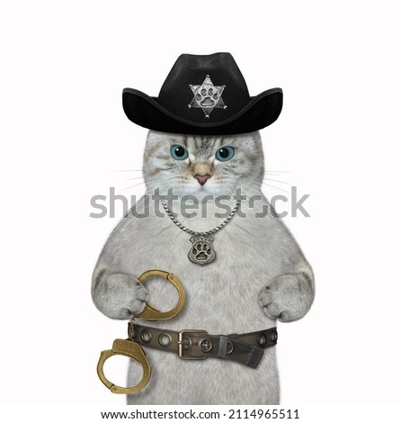 An ashen cat cop in a black hat with a police badge around his neck holds a handcuffs. White background. Isolated.