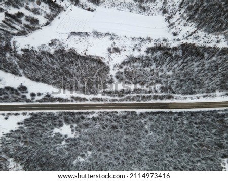 High angle top down aerial view drone image on road trough the trees and forest in mountain range covered with white snow in winter day near Knjazevac in Serbia - Travel journey and vacation concept