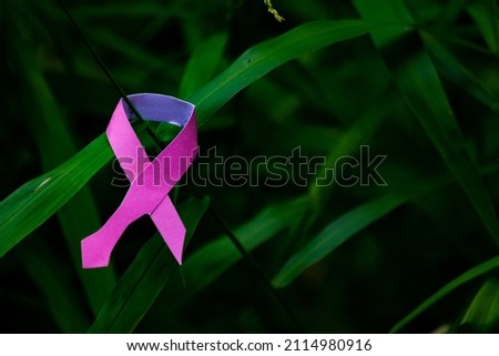 pink ribbon with green leaf background. Breast cancer Awareness, male breast cancer disease, World Cancer Day. Healthcare or hospital and insurance concept. 