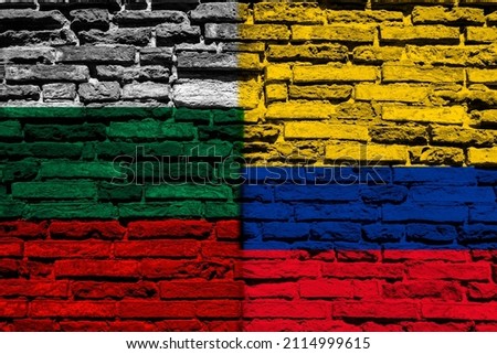 Background with flag of Bulgaria and Colombia on a brick wall