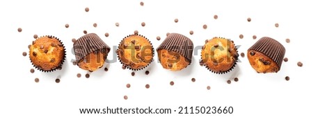 Chocolate chip muffins isolated on white background. top view	 Royalty-Free Stock Photo #2115023660