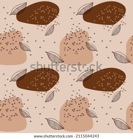 Vector seamless floral pattern on a transparent background. Print with leaves and circles on brown spots. The elements are hand drawn.