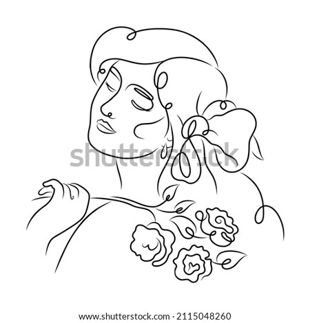 Silhouette of a young beautiful girl with a bow on her head and flowers in her hand. Vector illustration isolated on white background.