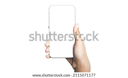 Human hand holding smartphone with blank desktop screen. empty screen for mockup image for advertisement in white background.