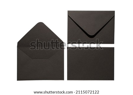 Top view photo of two open and closed stylish black envelopes and black paper sheet on isolated white background with empty space