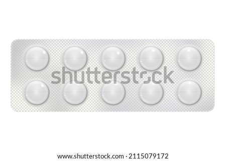 Round Pills in a blister pack for illness and pain treatment. Medical drug package for tablet: vitamin, antibiotic, aspirin. Realistic mock-up of packaging. 3d Vector illustration isolated on white Royalty-Free Stock Photo #2115079172