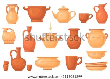 Cartoon clay crockery. Antique ceramico utensils, brown earthenware pot dish vessels cup jug bowl, ancient ceramic dishes, pottery kitchenware, icon vector illustration. Ceramic vase clay, pot antique Royalty-Free Stock Photo #2115081299