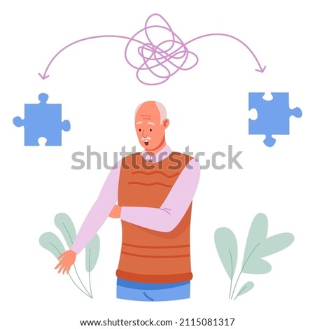 Alzheimer man. Dementia elderly people, treatment memory disease, care old brain of senior, vector illustration. Dementia alzheimer illness elderly