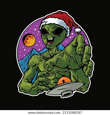 alien santa and flying saucer with mountain background illustration