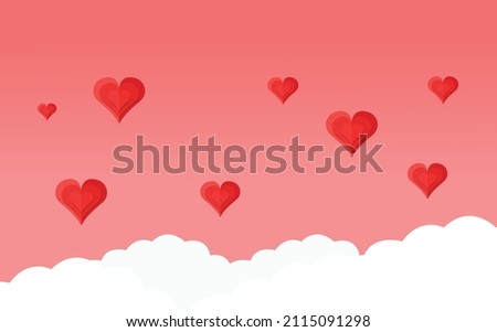 red hearts on clouds on red gradient background