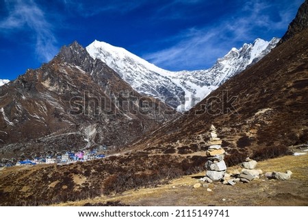 The small village Kyanjin Gumpa. Himalaya mountains in Nepal. Tamang Heritage Trail and Langtang trek day 9 from Kyanjin Gumpa to Langtang Royalty-Free Stock Photo #2115149741