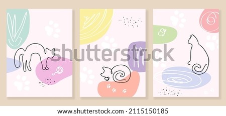 Set of vector wall art drawing with cats in one line style and abstract shapes in pastel colors. 
Design for print, cover, minimalistic and natural wall art, for bedroom or children's room.