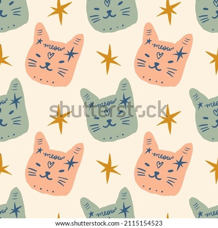 Cats groovy cute stars comic characters boho doodle modern art print funny handdrawn childish cartoon funky trendy style vector seamless pattern illustration clipart