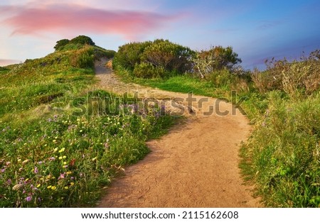Tracking path among picturesque knolls leading to rocks at coast of Atlantic ocean in Portugal. Cape Roca, Ursa Beach. Royalty-Free Stock Photo #2115162608