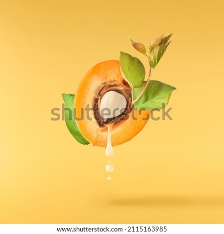 Fresh raw sweet Apricot with green leaves falling in the air on yellown background. Apricot oil dripping from the seed. High resolution image Royalty-Free Stock Photo #2115163985