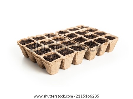 Seed starter pot tray with celery seeds in potting soil. Biodegradable paper plant starter kit for window sil or greenhouse. Tango celery seeds known as Apium graveolens. Selective focus. Isolated. Royalty-Free Stock Photo #2115166235