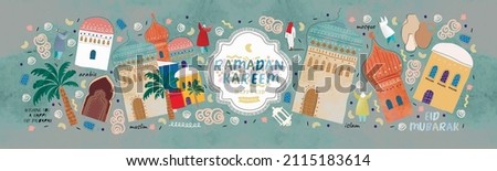 Ramadan Kareem! Eid Mubarak! Islamic holiday vector illustrations, Arabic architecture, mosque, objects and background for a poster, banner or card Royalty-Free Stock Photo #2115183614