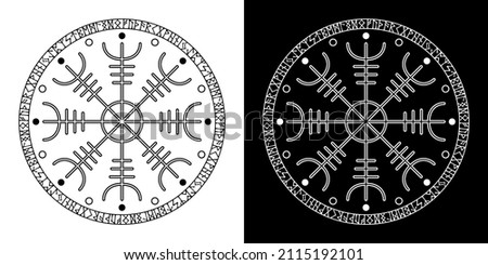 Helm of awe helm of terror. Aegishjalmur Icelandic magical staves with scandinavian runes. Isolated on white, vector illustration Royalty-Free Stock Photo #2115192101