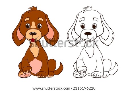 A small funny brown puppy with floppy ears sits on its hind legs. Vector illustration in cartoon style, black and white line