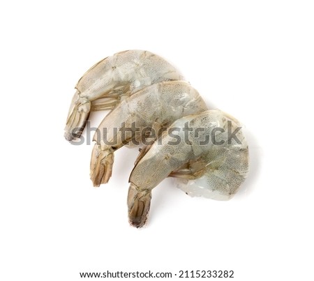 Fresh shrimp tails isolated. Raw headless prawn, pacific shrimp, uncooked tiger prawns, jumbo seafood on white background top view