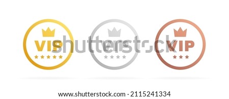 Set VIP badges in gold, silver and bronze color. Round label with three vip level. Modern vector illustration. Royalty-Free Stock Photo #2115241334