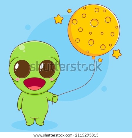Cute alien cartoon character holding moon balloon