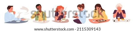 Cartoon collection of happy young man and woman sitting with spoon or fork in hand and eating isolated on white. Hungry people eat food at table for breakfast, lunch or dinner vector illustration Royalty-Free Stock Photo #2115309143