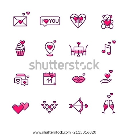 Valentine Day February 14 romantic date icons set. Pixel perfect, editable stroke colored icons