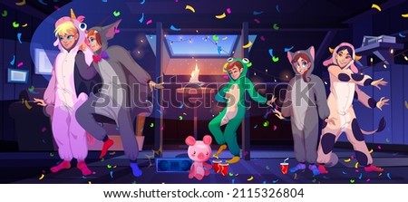 People dance on pajama party on house attic. Vector cartoon illustration of slumber party on mansard with characters in kigurumi, funny pyjamas of unicorn, frog and cow