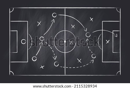 Soccer strategy, football game tactic drawing on chalkboard. Hand drawn soccer game scheme, learning diagram with arrows and players on blackboard, sport plan vector illustration. Royalty-Free Stock Photo #2115328934