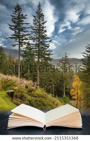 Digital composite image of Beautiful Autumn Fall landscape of larch tree and pine tree forest in the Lake District in pages of imaginary open reading book
