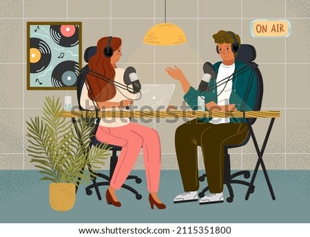 Two radio hosts in headphones talking and recording podcast in studio. Podcast and radio interview concept vector illustration. Live streaming, audio broadcast, mic