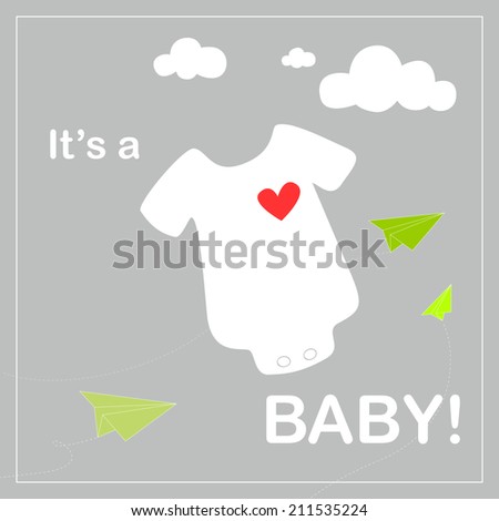baby shower invitation card, baby bodysuit and origami paper airplanes on light background