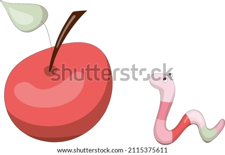 A cute cartoon worm looking at an apple or cherry. Kind children's picture. Vector illustration. Isolated image.