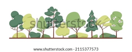 Green tree border. Forest foliage and coniferous plants in row. Mixed wood panorama with stylized fir, poplar trunks and crowns. Flat vector illustration of woodland isolated on white background Royalty-Free Stock Photo #2115377573