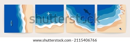 Ocean landscape top view. Sea waves from above, cartoon seaside, beach aerial scene, isolated square cards. Vector set Royalty-Free Stock Photo #2115406766
