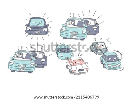 A set of people who are troubled by annoying acts on the road and driving in a hurry. A comical handwritten person. Simple coloring of line drawings.