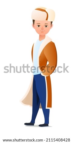 Little boy in winter clothes. Sheepskin coat and warm hat. Teen in winter. Cheerful person. Standing pose. Cartoon comic style flat design. Single character. Illustration isolated background. Vector.