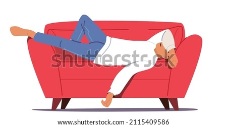 Afternoon Slump, Laziness and Procrastination Postpone, Boredom and Sleepy Work Concept, Male Character Sleeping Lay Down on Sofa Cover His Face With Hand. Cartoon People Vector Illustration Royalty-Free Stock Photo #2115409586