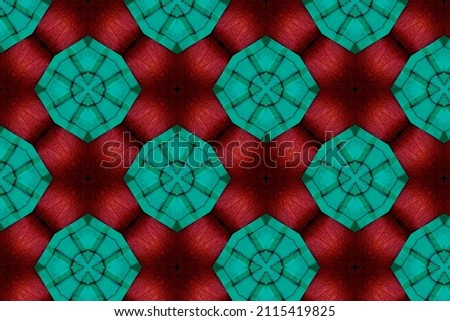 Abstract seamless pattern, the element is taken from a real photo. The ornament is colored, consists of geometric shapes: circles, polygons, cross-shaped and angular lines. 