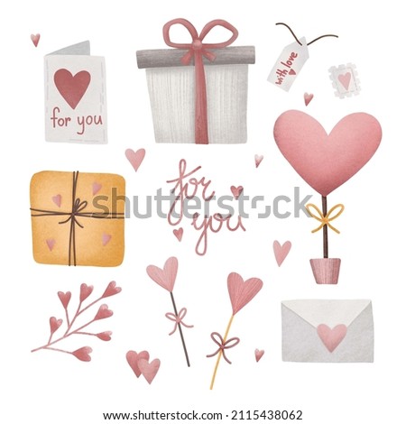 Digital hand-drawn Valentine's Day elements: hearts, twigs, gifts, garland, candy, cakes, ice cream. Set isolated on white background. Sticker cartoon style.