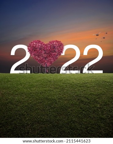 Red tree in the shape of heart love with 2022 white text on green grass field over sunset sky with birds, Happy valentines day 2022 cover concept