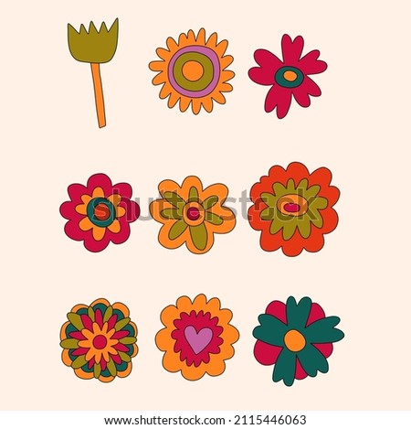 vector set collection of hippie flowers.Summer psychedelic plants in 70s and 80s style. Vibrant groovy and funky botanic.Kidcore rainbow tattoo stickers.Vintage warm cottagecore nostalgia