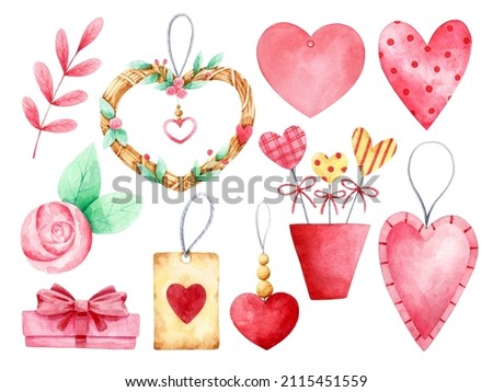 Valentine's day clip art set isolated on white. Watercolor wicker heart, present, tag, leaf illustrations. Romantic, love day clipart collection.