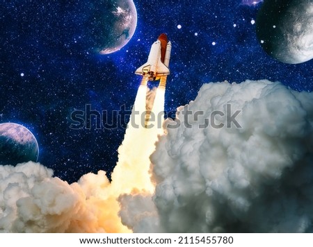 Shuttle launch in the clouds to outer space. Dark space with stars on background.Spaceship flight. Elements of this image furnished by NASA
