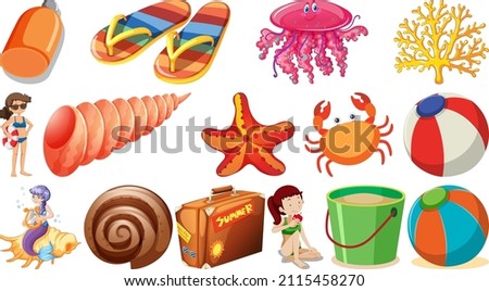 Set of summer beach objects and cartoon characters illustration