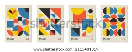 Set of 4 minimal vintage 20s geometric design posters, wall art, template, layout with primitive shapes elements. Bauhaus retro pattern background, vector abstract circle, triangle and square line art Royalty-Free Stock Photo #2115481319
