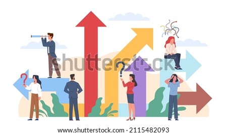 Think people choose path. Alternative options, tiny men and women group looking right solution, difficult crossroad and pathways, employee make decision, vector isolated dilemma concept Royalty-Free Stock Photo #2115482093